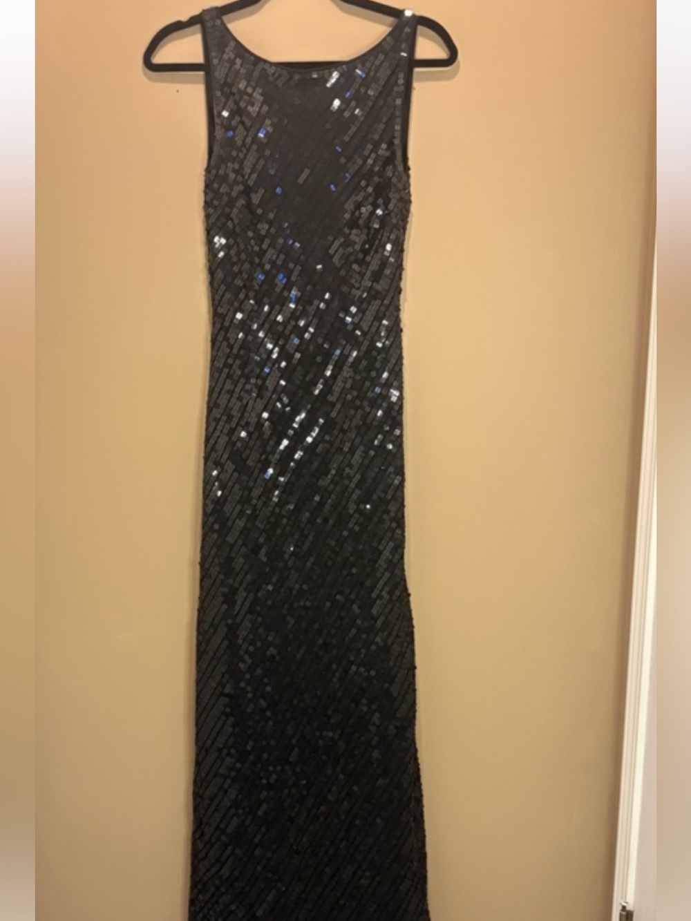 VTG Caché,Black Sequin Boat Neck Lace Up Back Evening Gown Formal Dress Size 8 - Picture 4 of 8